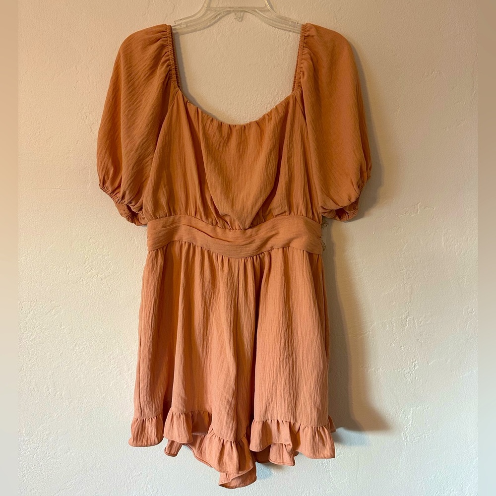 Altard State Womens Peach Ruffle Romper Puff Sleeve Tie Back Bow Easter Large